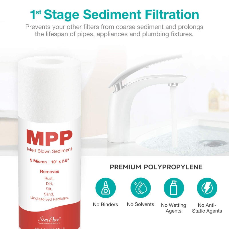SimPure 5-Stage Reverse Osmosis Replacement Filter Set with 75 GPD RO Membrane, 5pc Pre & Post Replacement Cartridge Pack Kit for Standard 10-icnh 5-Stage Reverse Osmosis RO Systems - Image 2